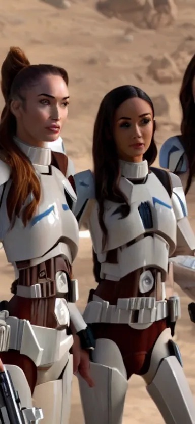 Prompt: Still of Megan Fox, & Ariana Grande, being briefed on the clone wars by a brunette clone trooper. beautiful composition, Star Wars Universe, Cinematic Lighting, beautiful face, beautiful eyes, 8K resolution