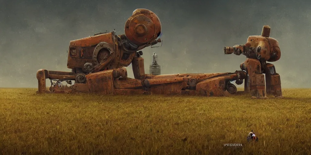 Image similar to a single colossal rusty old robot sad and alone in an empty field in the countryside with a barn on a bright sunny day by wes anderson and james c christensen and anka zhuravleva sharp digital painting. dreaming latent space. matte painting, concept art. artstation. digital render.