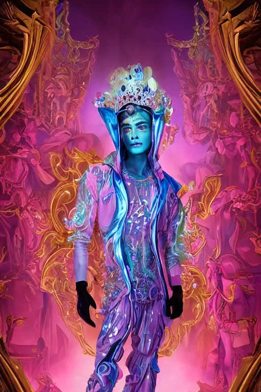 Image similar to photo of full-body rococo and cyberpunk delicate neon crystalline sculpture of ((handsome muscular onyx prince Zayn Malik)) as an blue iridescent humanoid deity wearing ((peach plastic hooded cloak)) (holding an onyx skull) in a onyx castle dungeon, reclining, glowing pink face, crown of (pink lasers), large blue diamonds, swirling black silk fabric. futuristic elements. oozing glowing liquid, full-length view. space robots. intricate artwork by caravaggio. Trending on artstation, octane render, cinematic lighting from the right, hyper realism, photorealistic, octane render, 8k, depth of field, 3D