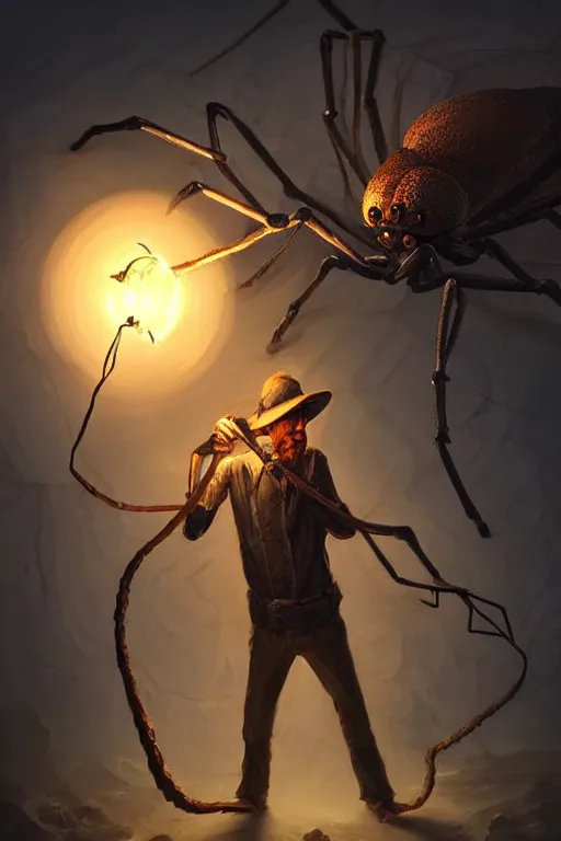 Prompt: fantasy art of an old - fashioned explorer facing the viewer and holding a lamp in front of him, illuminating an enormous monstrous spider right behind him, dramatic lighting, close up, low angle, wide angle, creepy, horrific, realistic, highly detailed digital art
