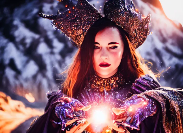 Image similar to closeup of a very good looking fantasy sorceress wearing amazing detailed clothes, holding magical glowing energy in her hands!!!! in the moonlit mountains, dramatic lighting, lens flare, 3 5 mm f 1. 2, professional photography, kodak ektar