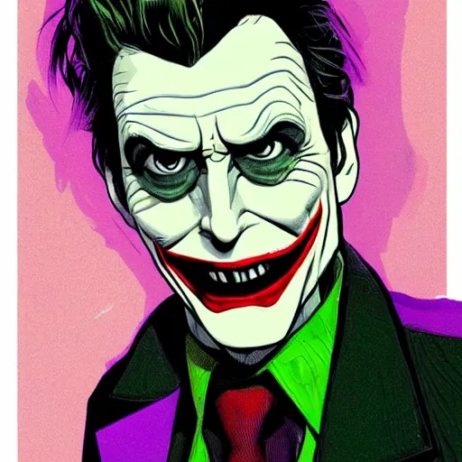 Prompt: David Tennant as the joker, full shot, concept art, illustration by  John Romita Jr.