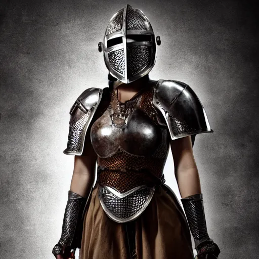 Image similar to a beautiful girl medieval knight in armor full view cinematic, high octane, 4 k