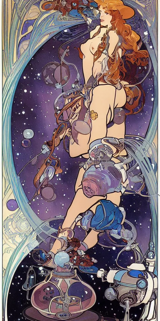 Image similar to a woman wearing outer space as a dress, pouring water from a vase into the milky way, by joe madura, by alphonse mucha, battle chasers.