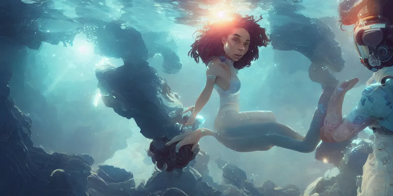 Image similar to dream zoe kravitz astronaut, underwater in the ocean at night, atmospheric, volumetric lighting, glowing lights, 4k, octane, digital painting, artstation, concept art, sharp focus, illustration, art by artgerm and greg rutkowski and alphonse mucha