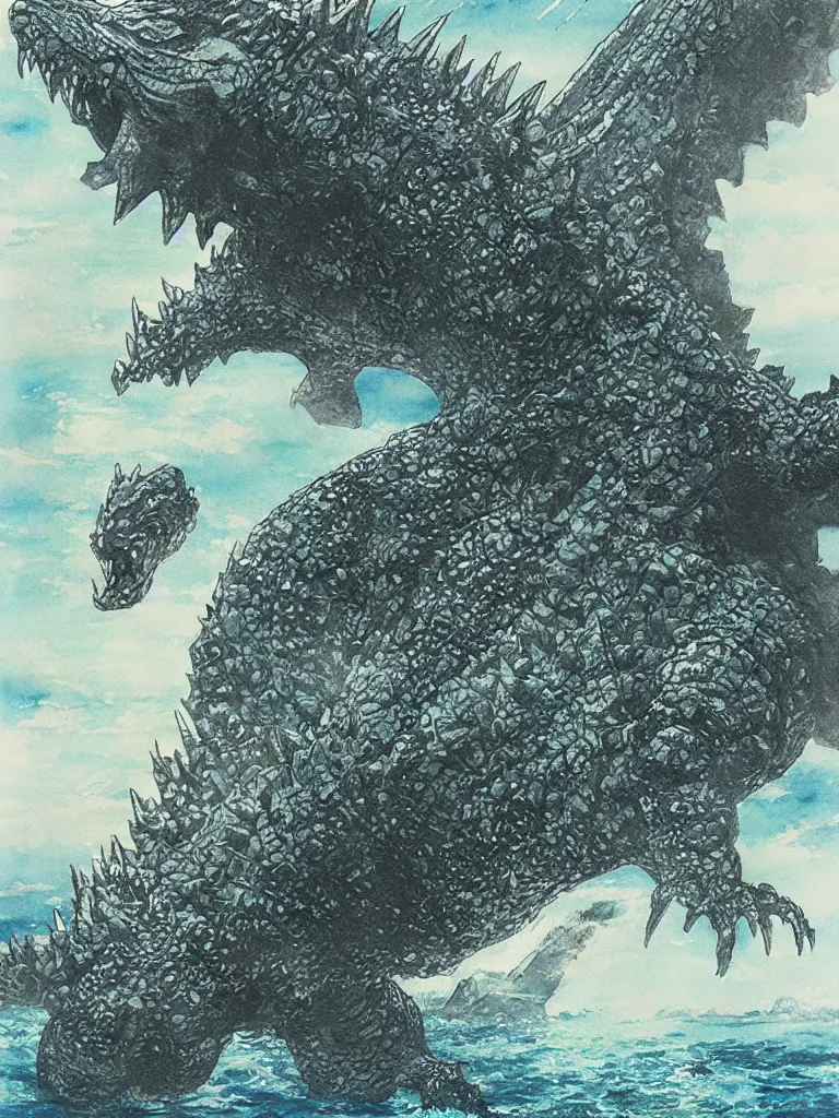 Prompt: Godzilla emerging from the sea to destroy a city as illustrated by Yoshitaka Amano. 1991. Watercolor and Acrylic on Paper