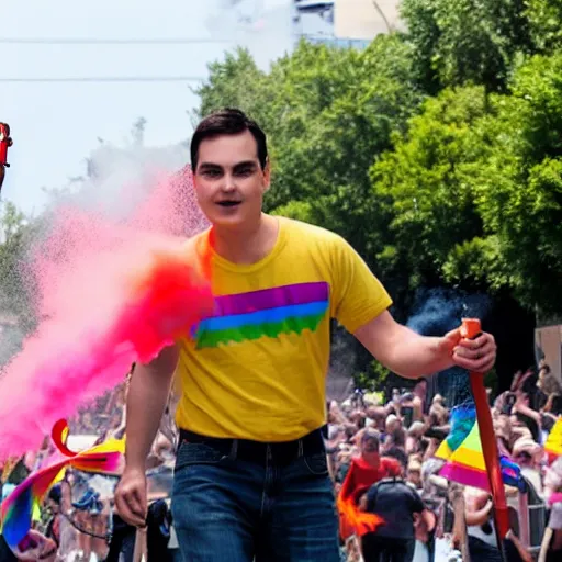 Prompt: Ben Shapiro with a flamethrower at a pride parade