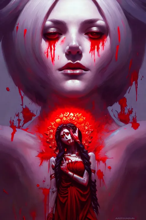 Image similar to extremely beautiful panting of goddess of the realm of the dead, covered with blood, surrounded by skeletons, extremely high detailed face, artstation, by ilya kuvshinov, greg rutkowski and makoto shinkai, trending on artstation