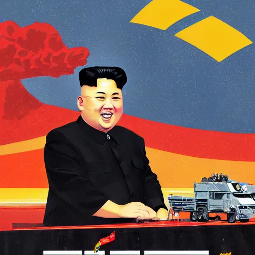 Image similar to Kim Jong-Un riding a nuclear rocket, detailed face, high resolution, illustration, art