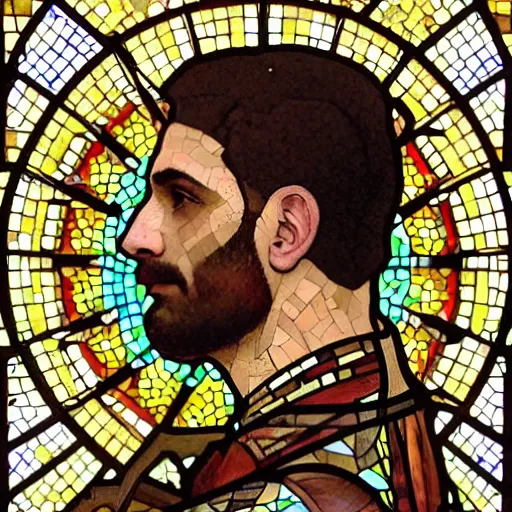 Prompt: beautiful and detailed portrait of a lebanese man, profile view, side view, 4 5 years old, brown coat, shaved head, slight stubble, stained glass art, by alphonse mucha, mosaic background, very masterful