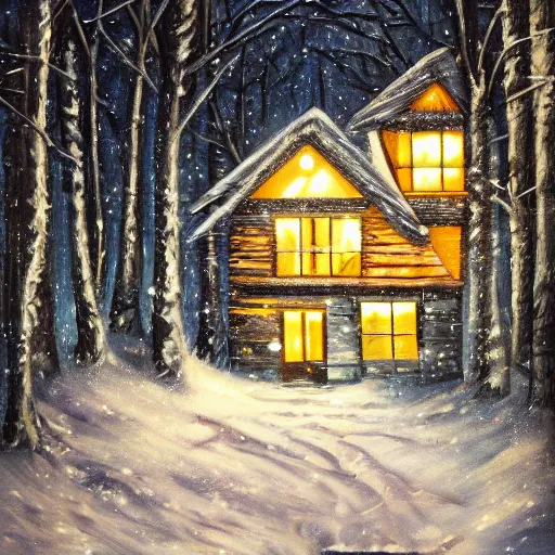 Prompt: snowy forest night scene cyberpunk cottage surrounded by the woods with one illuminated window, dark contrast oil painting