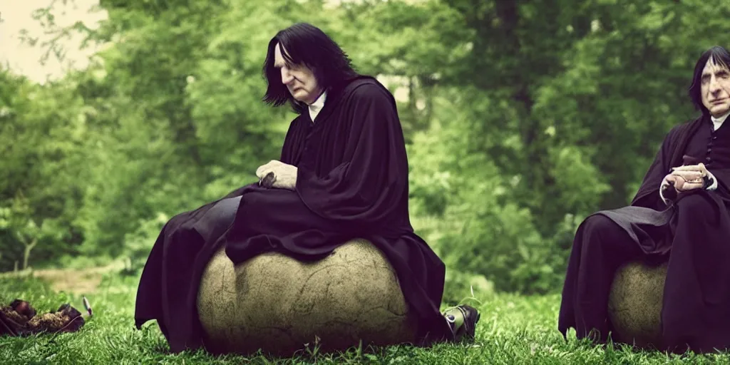 Prompt: severus snape sitting in a giant grape, cinematic feeling, realistic, photography, cinematic shot