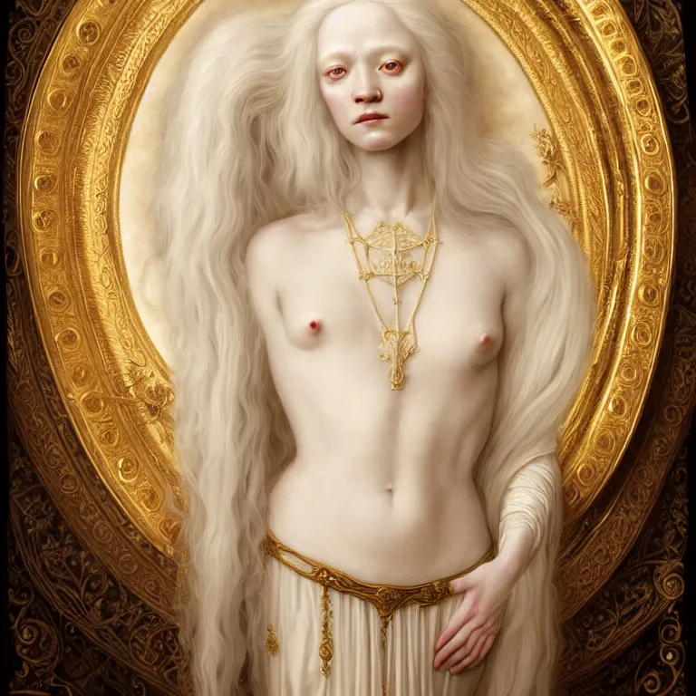 Prompt: renaissance style a wonderful woman albino goddess with a wonderful face and realistic body with long intricate hair with a beautiful porcelain symmetrical body dressed with a majestic warp ornate semi transparent cream long cotton dress, hightly ornate, intricate, detailed, dramatic light, cinematic, award winning, octane render, tom bagshaw style