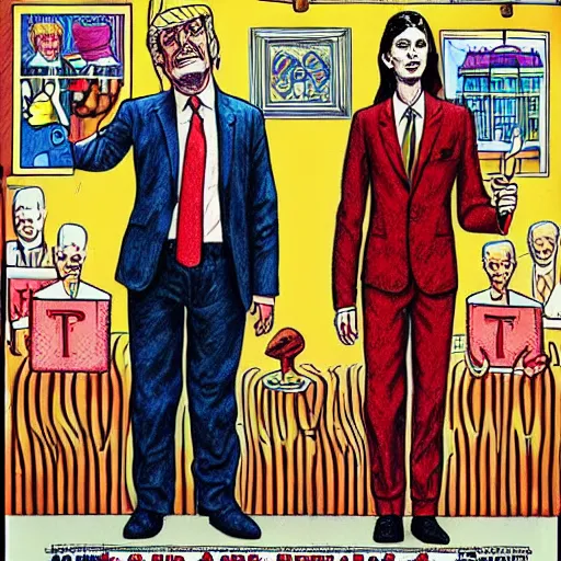 Image similar to !dream The Artwork of R. Crumb and his Cheap Suit Donald Trump and Jared Kushner, pencil and colored marker artwork, trailer-trash lifestyle