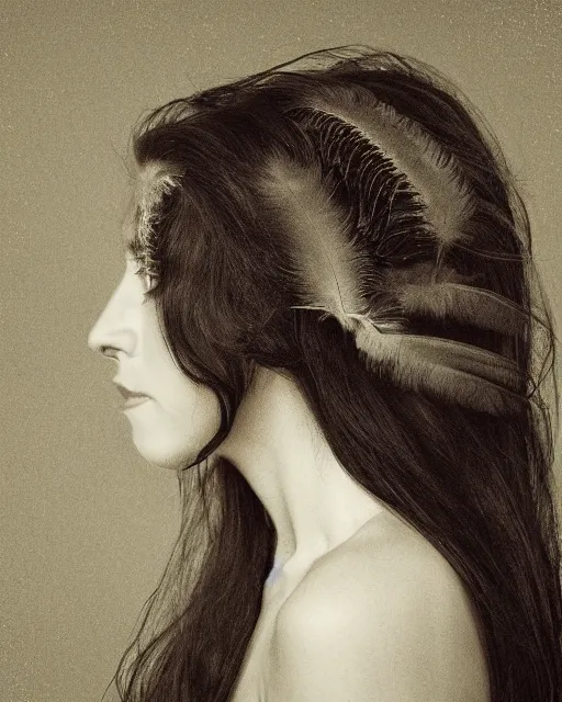 Image similar to a woman's face in profile, long hair made of bird feathers, in the style of the dutch masters and gregory crewdson, dark and moody