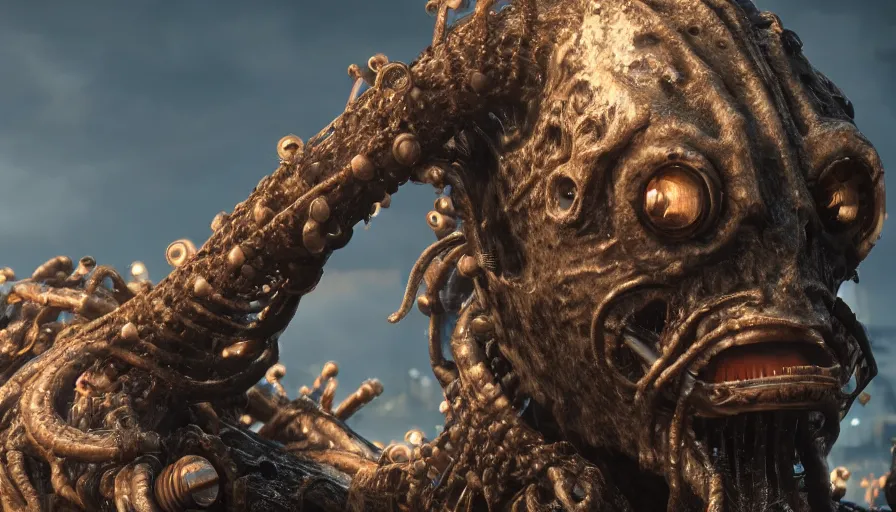 Image similar to closeup fallout 4 character screenshot of a humanoid kraken, enb, ambient occlusion, subsurface scattering, solo, 4 k, bokeh, beautiful, detailed