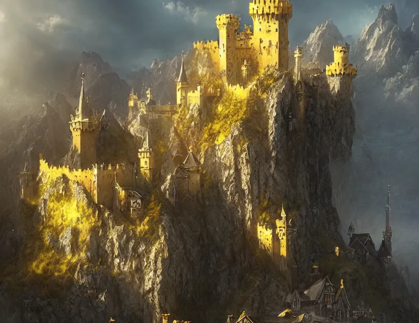 Image similar to High Fantasy solitary Castle!! Yellow roofs. Joyful matte painting by Darek Zabrocki and Emmanuel Shiu, 4k ultra detailed, great composition cinematic.