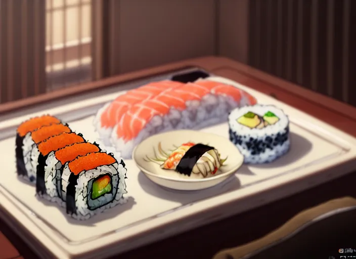 Image similar to a film still portrait of a plate with different kinds of sushi, finely detailed features, closeup at the food, perfect art, at a dinner table, gapmoe yandere grimdark, trending on pixiv fanbox, painted by greg rutkowski makoto shinkai takashi takeuchi studio ghibli, akihiko yoshida