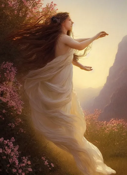 Image similar to oil painting portrait of a young woman with flowers in her long dark flowing hair in a white dress, dancing levitating floating over a field of flowers at sunset with mountains in the background, hazy, digital art, chiaroscuro, artstation, cinematic, golden hour, digital art painting by greg rutkowski, bouguereau, hazy atmosphere, flowers, cinematic lighting