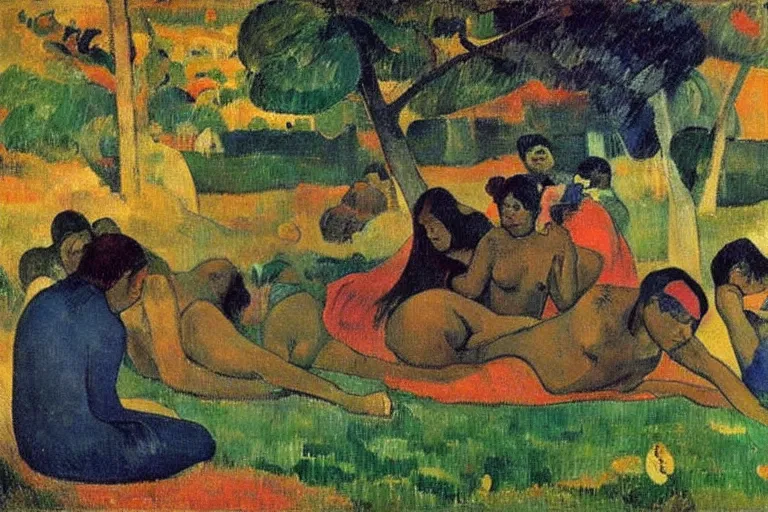 Image similar to there is another world very close to ours that we don't perceive directly, but they do interact sometimes. painting by paul gauguin ( 1 9 0 0 )