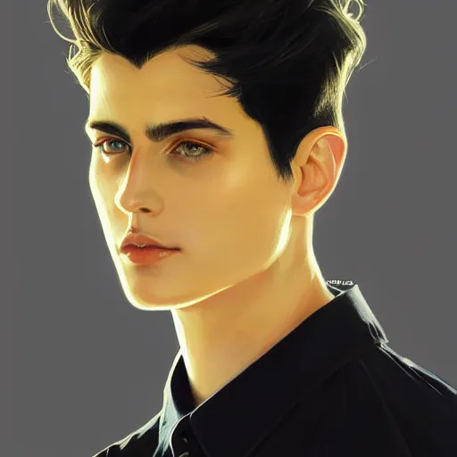 Prompt: ultra realistic illustration, a young man with black hair, in a checkered yellow and black shirt, with blue eyes, highly detailed, digital painting, artstation, concept art, smooth, sharp focus, illustration, art by artgerm and greg rutkowski and alphonse mucha