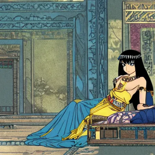 Prompt: Cleopatra of Egypt in her palace, relaxed and candid, anime portrait by Satoshi Kon and Yoji Shinkawa