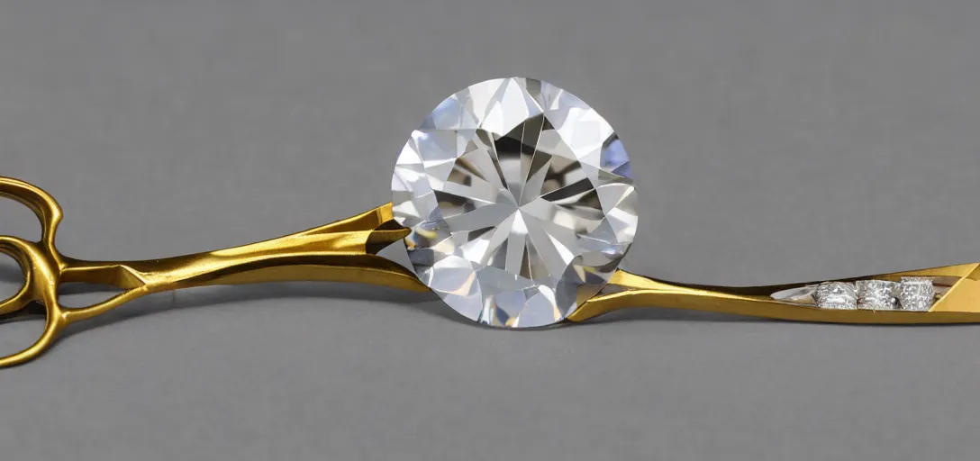 Image similar to a diamond being cut by golden tailor scissors, 8k