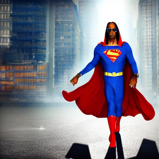 Image similar to snoop dogg as superman, movie still, photograph, high quality, 4K