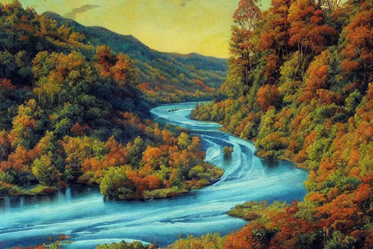 Prompt: two rivers converge to form one larger river, appalachian mixed mesophytic forest, vibrant blue sky background, by Cortes Thurman the greatest Barbizon-influenced concept artist ever known and by Joe Jusko, rendered in hyperdetailed Ultra HD, trending on ArtStation, hypermaximalist