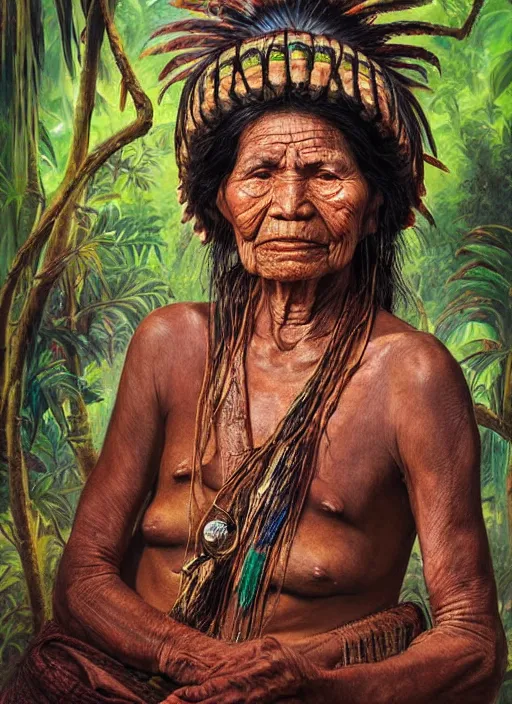 Image similar to a beautiful painting portrait of a very old indigenous grand-mother in the amazon jungle, matte painting, fantasy art, ayahuasca, highly detailed