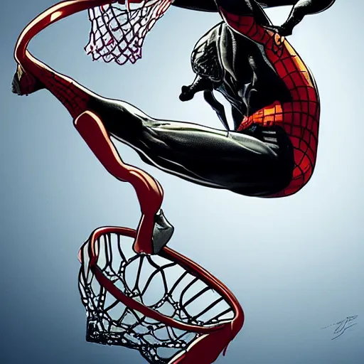 Image similar to highly detailed art of venom dunking a basketball into a loop over spider man, ultra realistic, trending in artstation