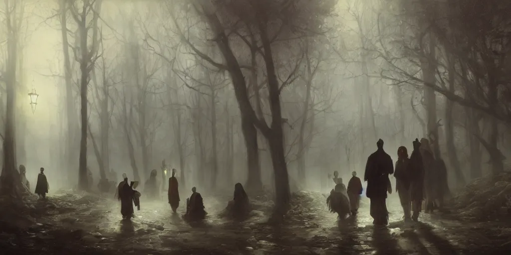 Image similar to streets of innsmouth during the night in a forest, lovecraftian atmosphere, people standing up in front of the house, mystical fog, oil on canvas, art by andreas achenbach, clemens ascher, tom bagshaw and sabbas apterus,