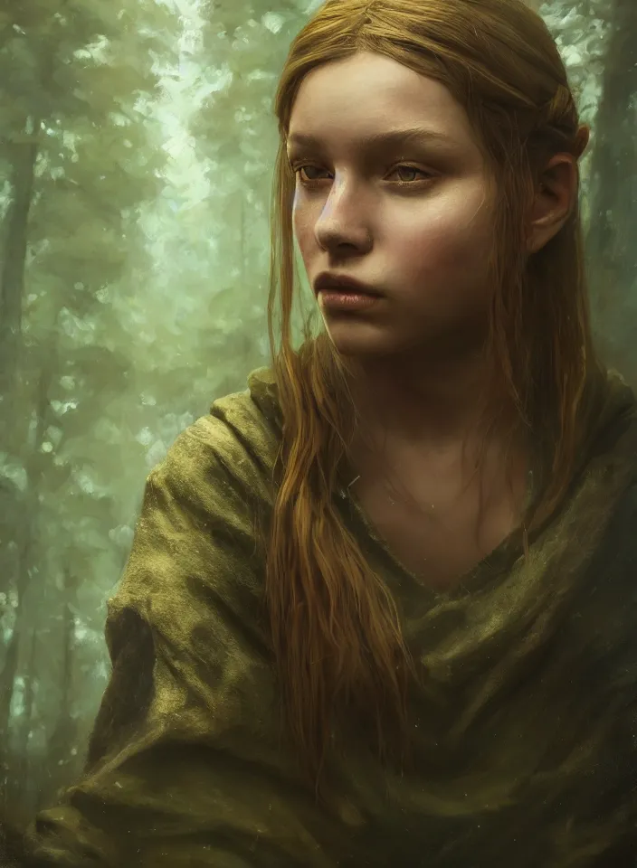 Prompt: a closeup portrait of an young girl from skyrim practicing alchemy, fantasy setting, forest environment, serene colors, soft lighting, atmospheric, cinematic, moody, in the style of diego koi, gina heyer, luiz escanuela, art by alyssa monk, depth, hyperrealism, rule of thirds, golden ratio, oil on canvas, 8 k