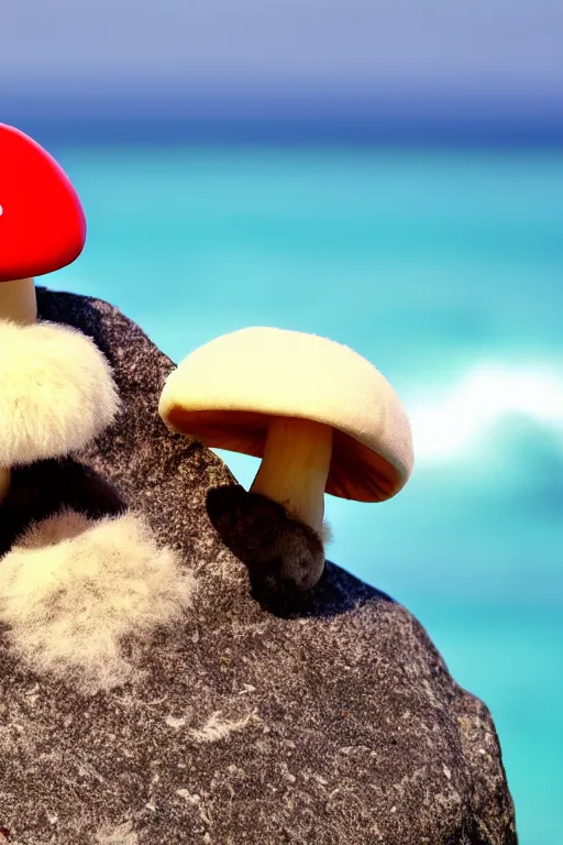 Image similar to fluffy anthropomorphic mushroom sitting on a rock in the ocean