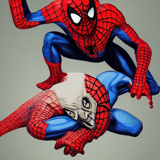 Image similar to octopus attacking and suffocating spiderman, photorealistic