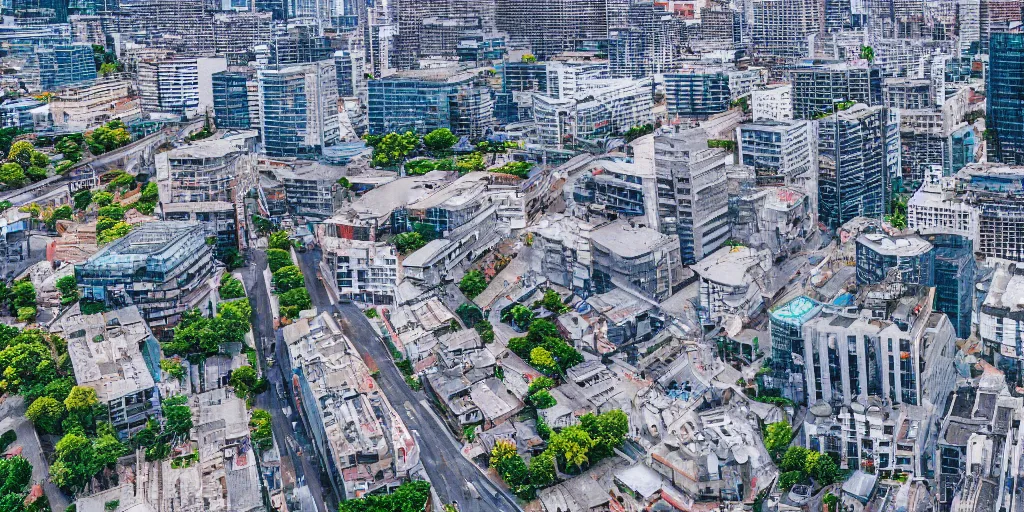 Prompt: drone view of a city with a large road through, Brutalist architecture,sharp focus,telephoto lens,digital art by John J. Park 4k