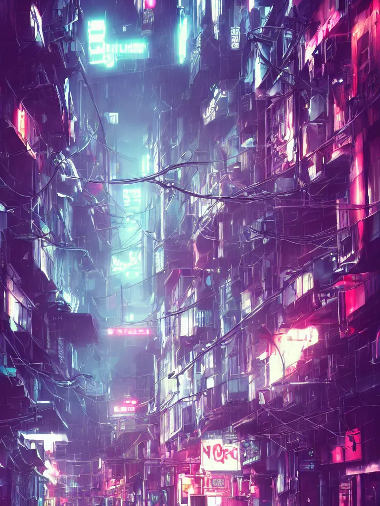 Image similar to neonpunk street, hanging cables, narrow, garbadge on the ground. rain. fog, haze, evening. led screens. very messy. futuristic. photorealistic. artstation. anime