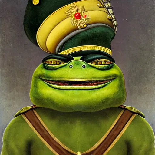 Image similar to pepe the frog as ww 1 german general, schirmmutzen, pickelhaube, elegant detailed painting by sandro botticelli, uncropped