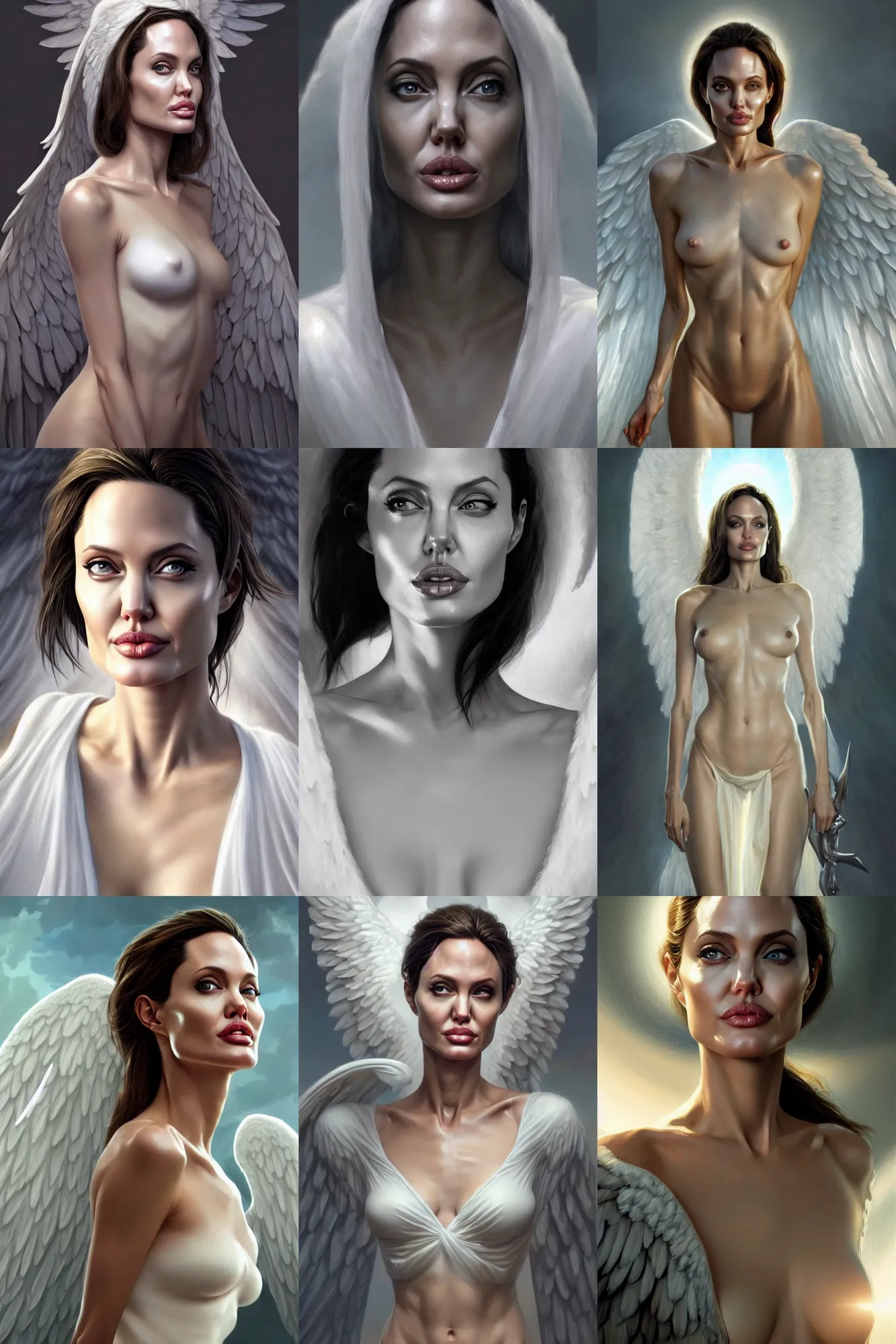 Prompt: angelina jolie as a heavenly angel, anatomy, bathed in light, highly detailed, photorealistic, artstation, smooth, sharp focus, illustration, disrobed, unreal engine 5, 8 k, art by artgerm and greg rutkowski and edgar maxence