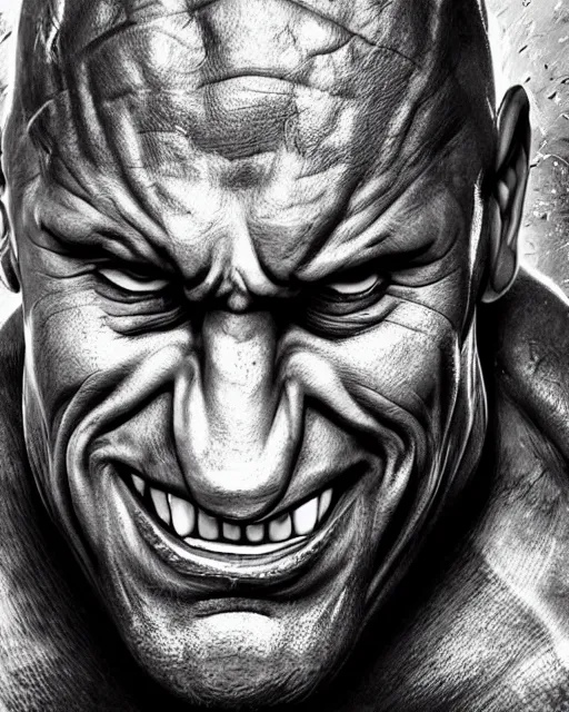 Image similar to an epic dramatic portrait of dwayne johnson as the maxx, very low angle, detailed face, smiling like a jerk, epic art, trending on artstation, deviantart, high detail, high definiton, ultra realistic, hyper realistic, photo realistic, 4 k uhd