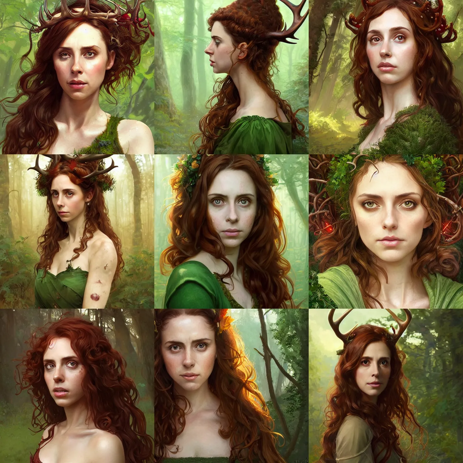 Prompt: portrait of a young woman with red brown curly hair and antlers growing from her head small scars on her face green dress alison brie forest in the background d & d fantasy intricate big beautiful eyes cinematic lighting highly detailed digital painting artstation concept art smooth sharp focus illustration art by artgerm and greg rutkowski and alphonse mucha