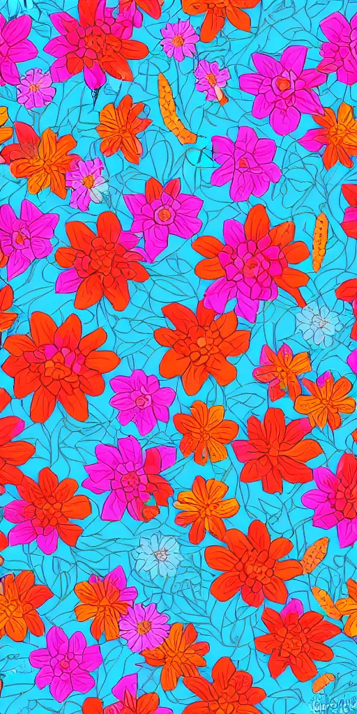 Prompt: seamless pattern of flowers, colourful, symmetrical, repeating 35mm photography