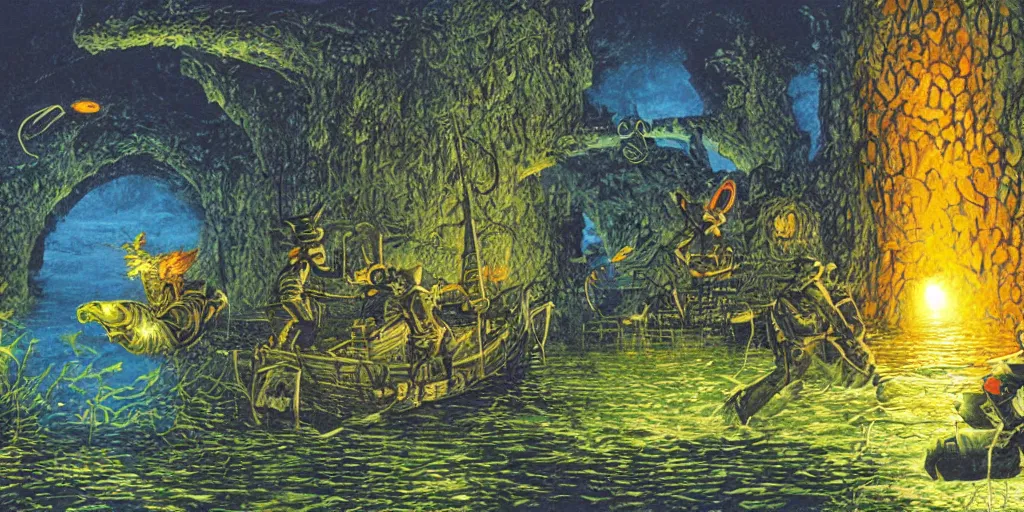 Image similar to detailed artwork by tim white of the repelling of invaders by making a deal with the devil and finding a secret underwater entrance.