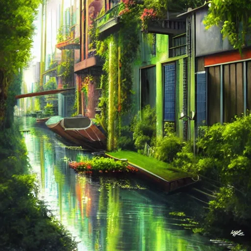 Image similar to Narrow cosy waterway in beautiful green futuristic sci-fi city in harmony with nature. Nice colour scheme, soft warm colour. Beautiful detailed painting by Lurid. (2022)