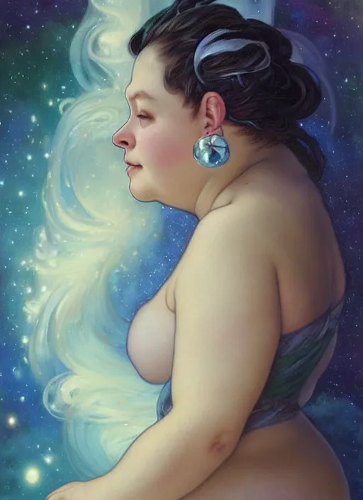 Image similar to a chubby woman with pointed ears, wearing a white sundress, and a swirling sparkling cloud galaxy nebula for hair, realistic painting by ross tran and gerald brom and alphonse mucha, artgerm, trending on artstation