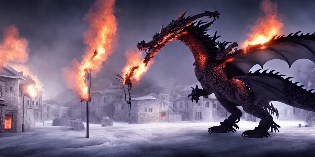 Prompt: a dragon made of smoke attacking a village in winter, realistic, 4k, cinematic, Highly detailed digital art