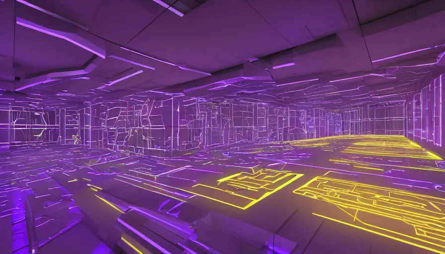 Image similar to geometric, cave like control panel room with led computer interfaces on every surface. purple and yellow color scheme, dark lighting, high contrast, octane render, ray tracing, 4 k, high quality desktop wallpaper