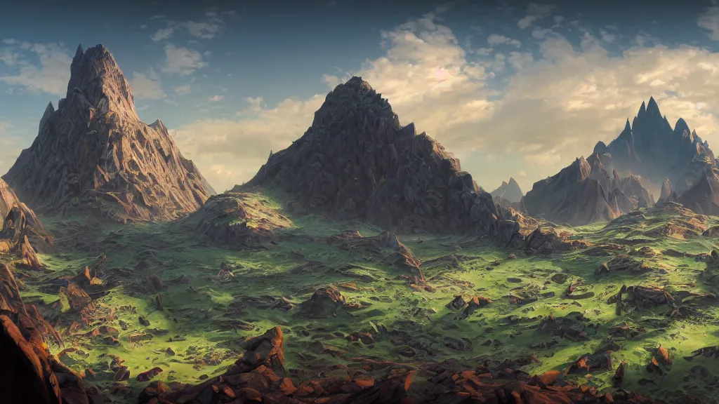 Prompt: first person perspective digital illustration of Death Mountain in Hyrule reimagined by industrial light and magic:1|wide angle panoramic by beeple and Roger Dean, viewed from eye level:0.9|fantasy, horizontal symmetry, cinematic, architectural design by Frank Gehry:0.9|Unreal Engine, Octane, finalRender, devfiantArt, artstation, artstation HQ, behance, HD, 16k resolution:0.8