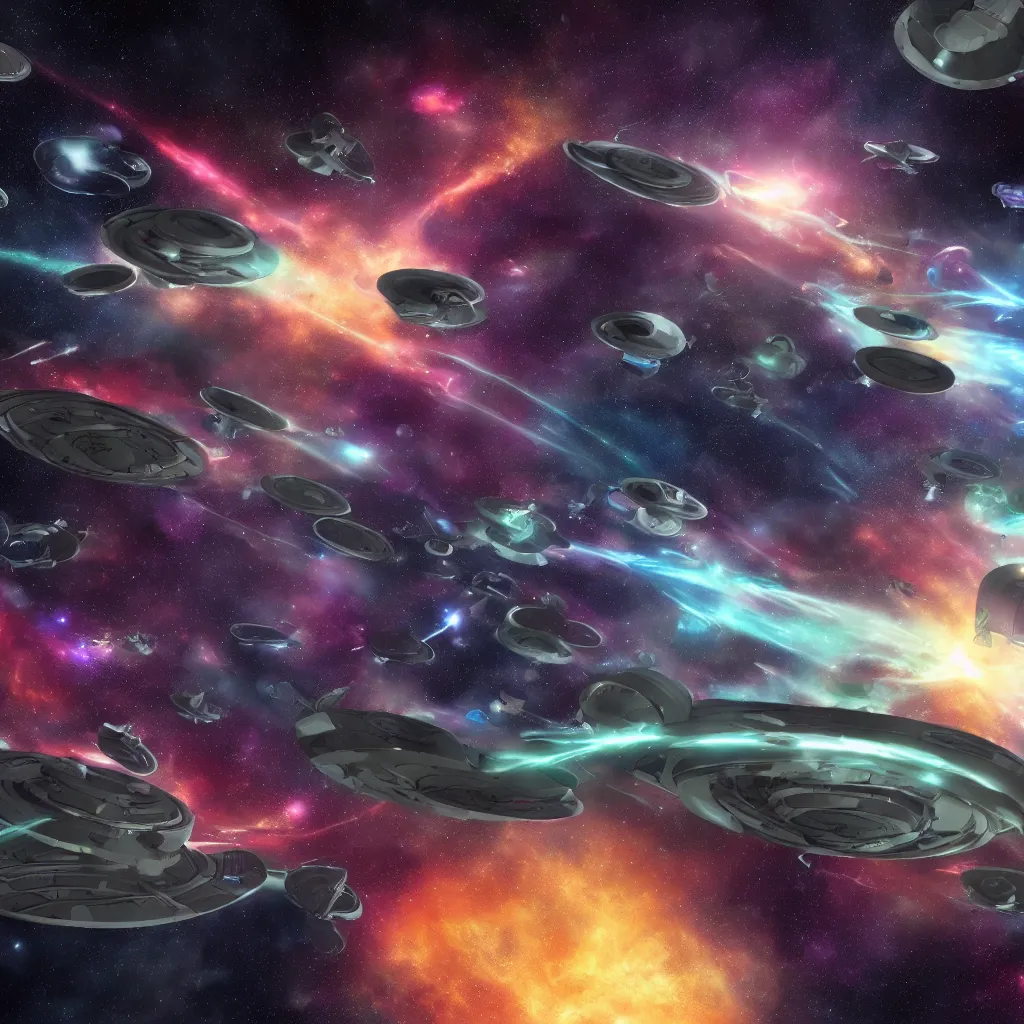 Image similar to galactic space fleet flying out of a warp portal, 8 k resolution