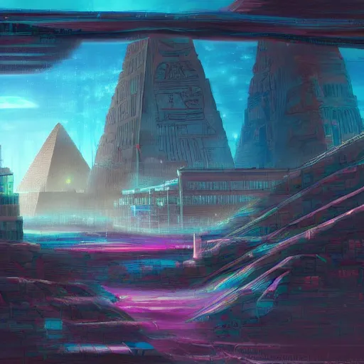 Image similar to ancient egypt cityscape in the space with waterfalls, retrowave epic art, trending on art station